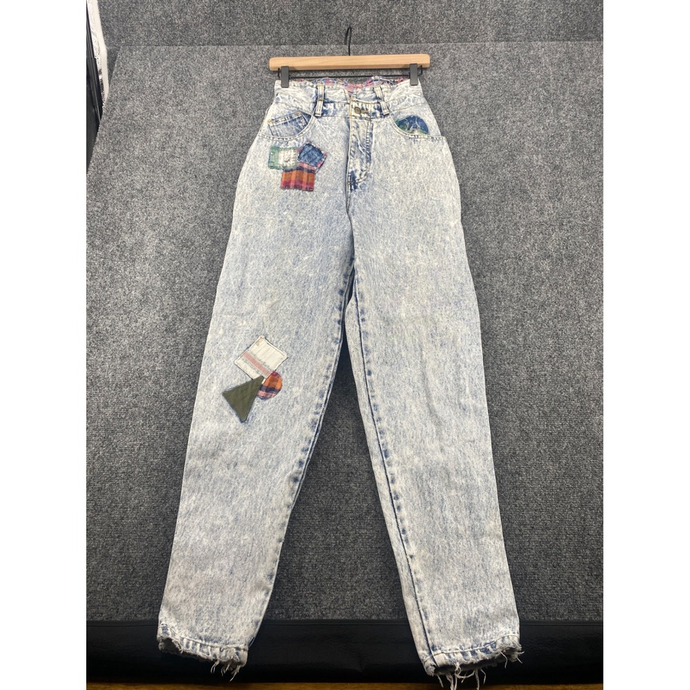 Rio Vintage Acid Wash Patchwork Mom Jeans Womens 25 High Rise Tapered Blue 80s